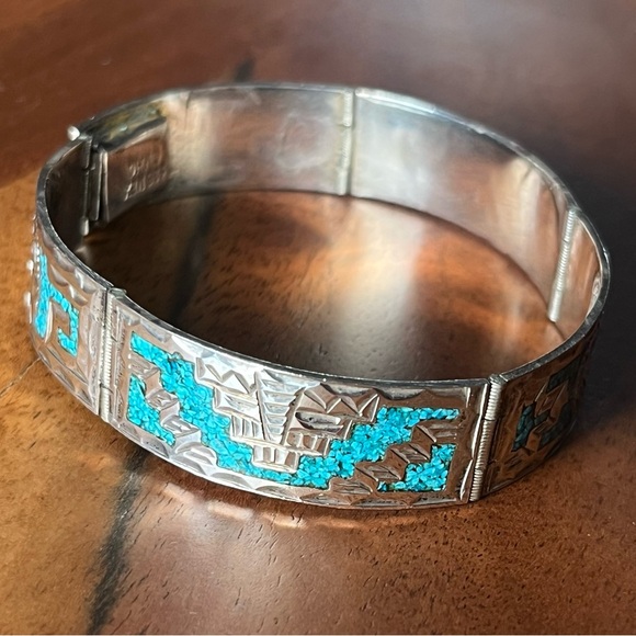 925 Sterling Jewelry - GM 10 MEXICO 925 STERLING SILVER TURQUOISE INLAY Hinge BRACELET 6.75” clasp 22g